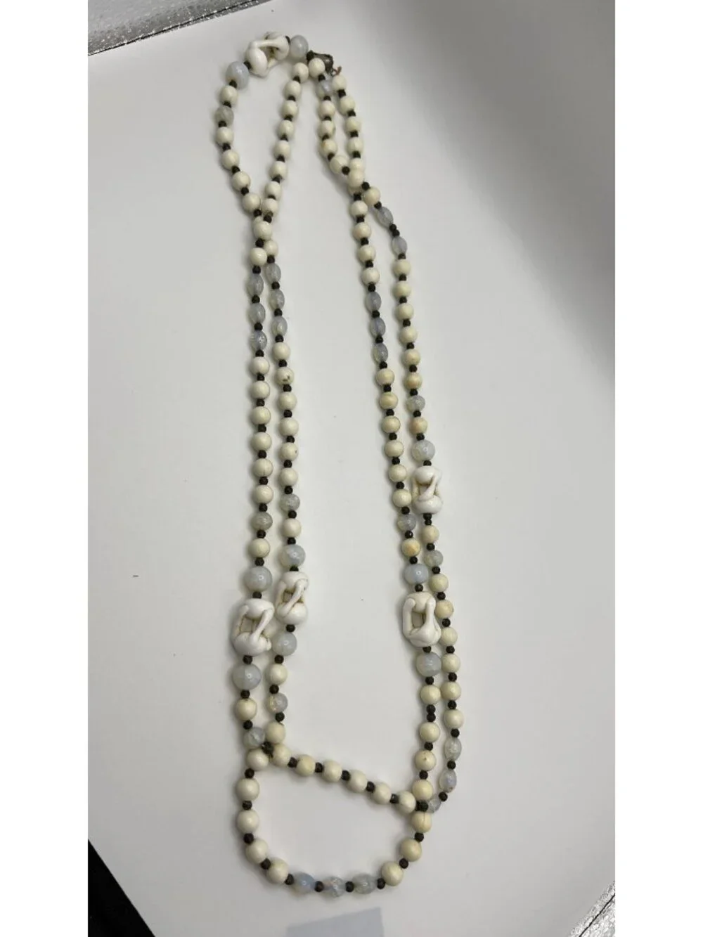 Vintage Multi-Strand White & Opalescent Beaded Necklace With Metal Clasp